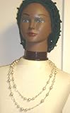 Hand Crocheted Forest Green Giordana Gimp Large Snood Trimmed with Black Beads for Women Offered in Combination with Very Assorted Sizes Ivory Pearl Two Strand Necklace with Matching Ear Rings