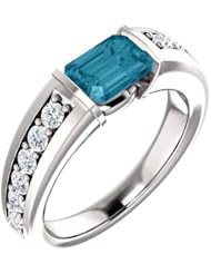 14K White Gold 7.00x5.00mm Emerald Cut London Blue Topaz and Diamond Ring -- LIFETIME WARRANTY