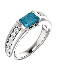 Platinum 7.00x5.00mm Emerald Cut London Blue Topaz and Diamond Ring -- LIFETIME WARRANTY