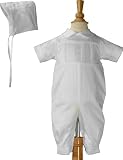Cotton Sateen Short Sleeve Christening Baptism Coverall with Pleated Front and Hat