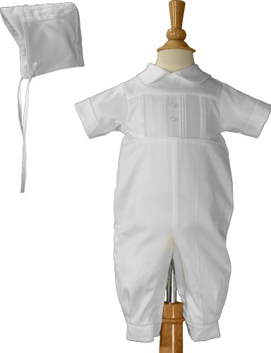 Cotton Sateen Short Sleeve Christening Baptism Coverall with Pleated Front and Hat