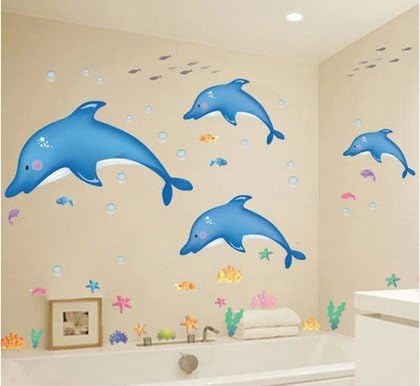 Cartoon Ocean Wall Sticker with Swimmng Dolphin Nursery Wall Decal