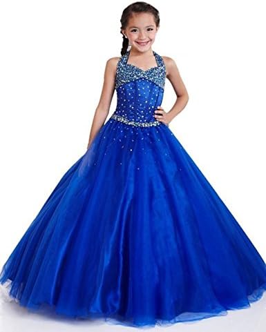 XianNv Girls' Pageant Dresses Halter Rhinestone Floor Length Gowns Blue (8, Royal Blue)