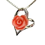 Red Coral Rose Heart Shaped Silver Pendant w. Silver Chain Necklace