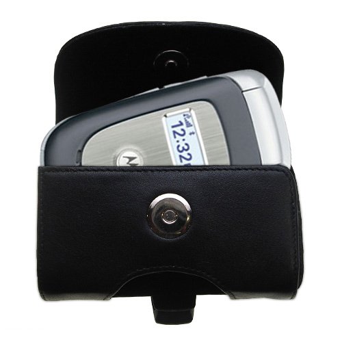 Horizontal Black Leather Case for the Motorola V195 with both a belt clip and loop option - a Gomadic design
