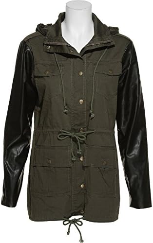 KERSH Safari Woven Faux Leather Sleeve Jacket,GRN,M