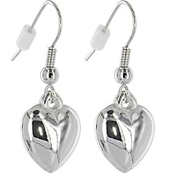 Silver Toned PUFFED HEART Dangle Earrings