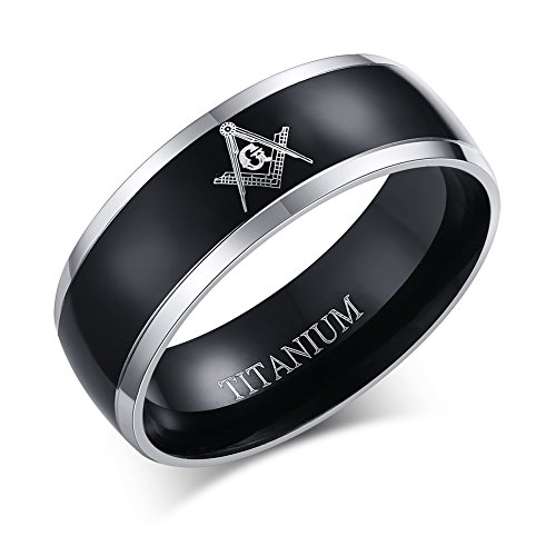 8MM Titanium 2 Tone Black Plated Domed Masonic Ring Bands for Freemason, Size 11