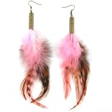 Pink Tiger - Perforated Brass Ornamental Stem - Long Feather Earrings