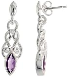 Sterling Silver Celtic Earrings, w/ Marquise Cut Natural Amethyst Stones, 1 3/16" (30mm) tall
