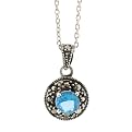 Sterling Silver Marcasite & Blue Topaz Round Pendant Necklace - 16"