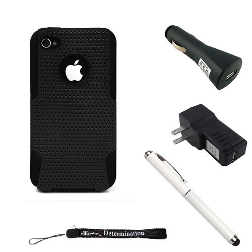 Black Ultimate Fusion 2pc Case Protective Cover Snap On Made for Apple iPhone 4S (4th Generation 16GB 32GB - AT&T - Verizon) + Includes a Travel USB Home Charger + a Travel USB Car Charger Kit + Includes a Professor Pen 3 in 1 Red Laser Pointer / LED White Light / Stylus / White Pen
