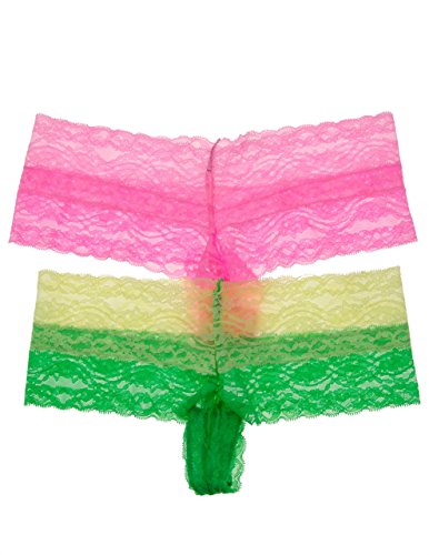 2 Pack Wide Band Full Lace Thong Panties with Contrasting Colors (Medium, Green-Yellow/Pink)