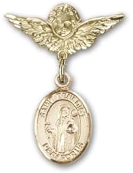 14K Gold Baby Badge with St. Benedict Charm and Angel with Wings Badge Pin