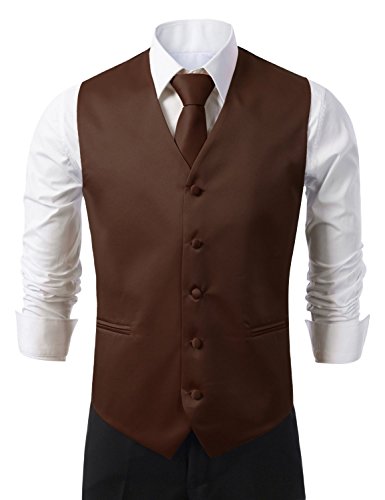 Brand Q Men's Dress Vest NeckTie Pocket Square Set for Suit or Tuxedo (M, Brown)