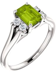 18K White Gold 7.00x5.00mm Emerald Cut Peridot and Diamond Ring -- LIFETIME WARRANTY
