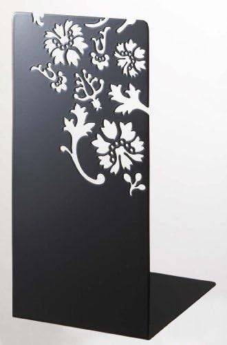 NEW Kirie - A Pair of Black Metal Bookends with Flower Cutout Pattern 10" High
