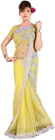 Latest New Indian Clothes Heavy Embroidery Yellow Sari Party Wear Bridal Sari