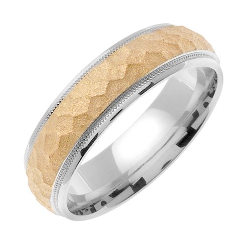 Hammered Dome Surface Unique Men's 7 mm 18K Gold and Platinum Comfort Fit Wedding Band
