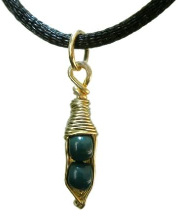Tiny Pea Pod Pendant - Two Dark Green Peas in a Gold Pod