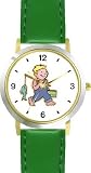Young Boy Fishing or Fisherman with Fish on Fishing Pole Fishing - WATCHBUDDY® DELUXE TWO-TONE THEME WATCH - Arabic Numbers - Green Leather Strap-Women's Size-Small