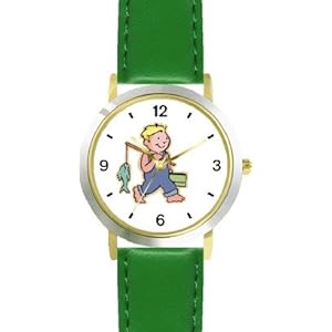 Young Boy Fishing or Fisherman with Fish on Fishing Pole Fishing - WATCHBUDDYÂ® DELUXE TWO-TONE THEME WATCH - Arabic Numbers - Green Leather Strap-Children's Size-Small ( Boy's Size & Girl's Size )