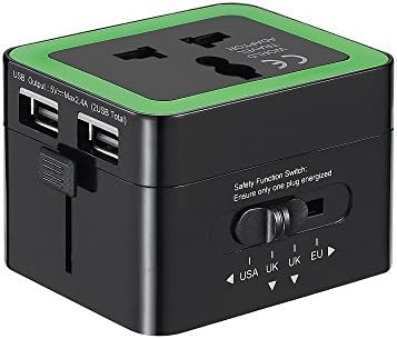 Wankaku universal world travel adapter with surge protector + dual USB wall charger 5Vdc/2.4A with charging status LED indicator, an ideal companion for world traveling (black)