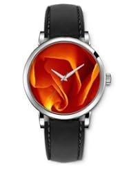 SPRAWL Aanalog Fashion Series Silver Ladies Watches of Genuine Black Leather Strap,Unique Wrist Watch for Women Girls Designed with Orange petals