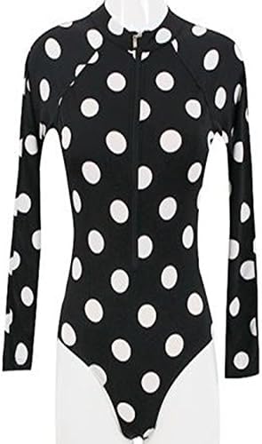 Women's Long Sleeve Bathing Suit One Piece Polka Dot Front Zipper Surf Swimsuit Black X Large