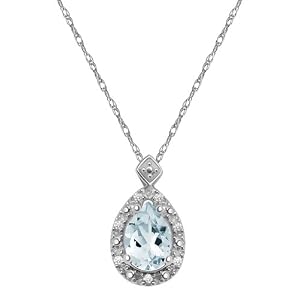 10k White Gold, March Birthstone, Aquamarine and Diamond Pear Shaped Pendant by