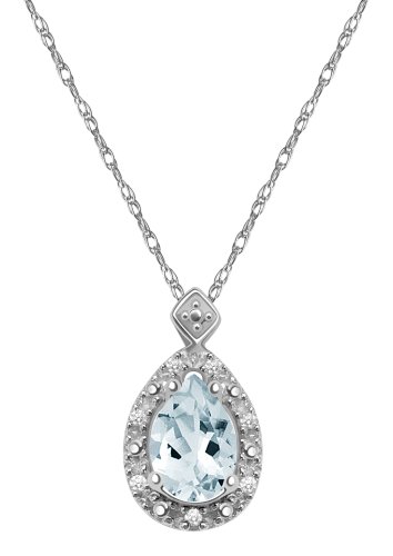 10k White Gold, March Birthstone, Aquamarine and Diamond Pear Shaped Pendant