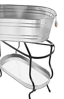 BirdRock Home Stainless Steel Beverage Tub with Stand | Oval | Bottom Tray | Party Drink Holder | Wooden Handles | Outdoor or Indoor Use | Free Standing