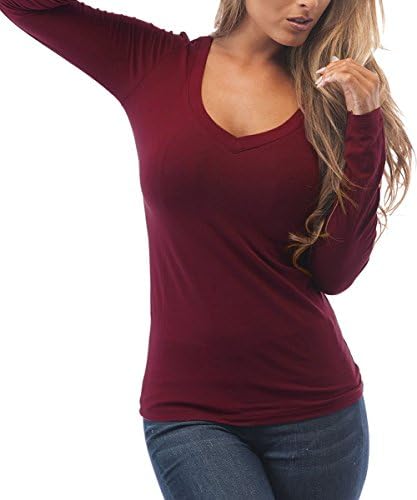Niceclo Women's Long Sleeve V Neck Slim Blouse Modal Plain Basic T-Shirt XX-Large Burgundy