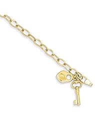 14k Polished Heart Lock and Key Bracelet Length 7.5"