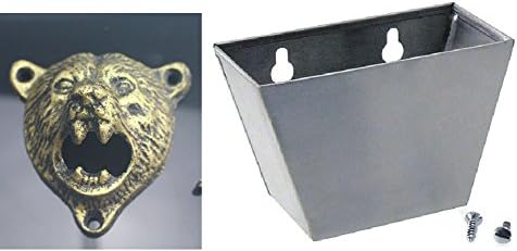 Tozz Pro ® Iron Bear Teeth Wall Mount Bottle Opener and Cap Catcher Set (Gold opener + cap catcher)