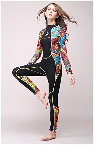 AZSHARAA long sleeve conjoined 3mm wetsuit keep warm sun protection clothes medusa swimmers surf clothing (Flower color, XL)