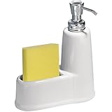 InterDesign York Kitchen Ceramic Soap Dispenser and Sponge Caddy Countertop Organizer - White/Chrome