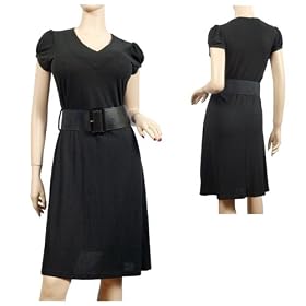 Black V-Neck Cap Sleeve Belt Accent Plus Size Dress