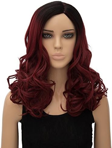 Krodi Heat Resistant Fashion Medium Lenght Wig Curly Synthetic Hair 2 Tone Black to Wine Red