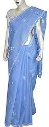 Embroidered Saree Cotton Chikan Work Blue
