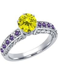 1.04 Ct Round Canary Diamond Purple Amethyst 18K White Gold Ring
