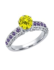 1.04 Ct Round Canary Diamond Purple Amethyst 925 Sterling Silver Ring