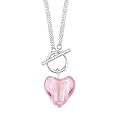Exquisite Beauty: Sterling Silver Toggle bar Closure Triple Chain Murano Glass Silver Foil Heart-shaped Bead Necklace