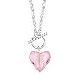 Exquisite Beauty: Sterling Silver Toggle bar Closure Triple Chain Murano Glass Silver Foil Heart-shaped Bead Necklace
