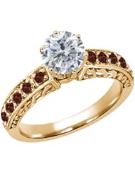 1.42 Ct Round H/I Diamond Red Garnet 18K Yellow Gold Ring