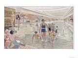 French Transatlantic Liner, The First Class Swimming Pool Stretched Canvas Poster Print by Albert Sebille, 18x24