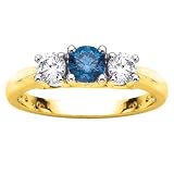 14K Yellow Gold Round 3 Stone Blue Diamond & White Diamond Ring (0.25 ctw)