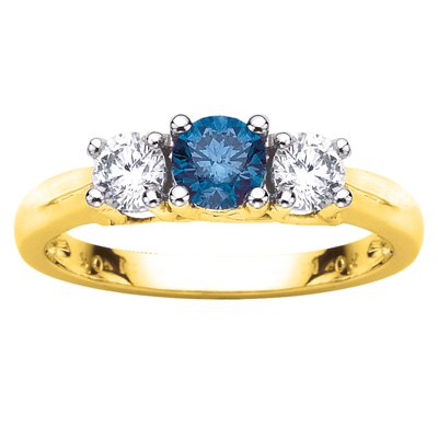 14K Yellow Gold Round 3 Stone Blue Diamond & White Diamond Ring (0.25 ctw)