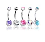 Lot of 5 Pc Double Jeweled CZ Crystal Gem Belly Button Navel Rings 316L Surgical Steel 14 Gauge (5 Pieces) 14G 3/8" (1.6mm) + 1 Free Belly Retainer