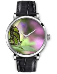 SPRAWL Aanalog Fashion Series Silver Ladies Watches of Genuine Black Leather Strap,Unique Wrist Watch for Women Girls Designed with green Butterfly